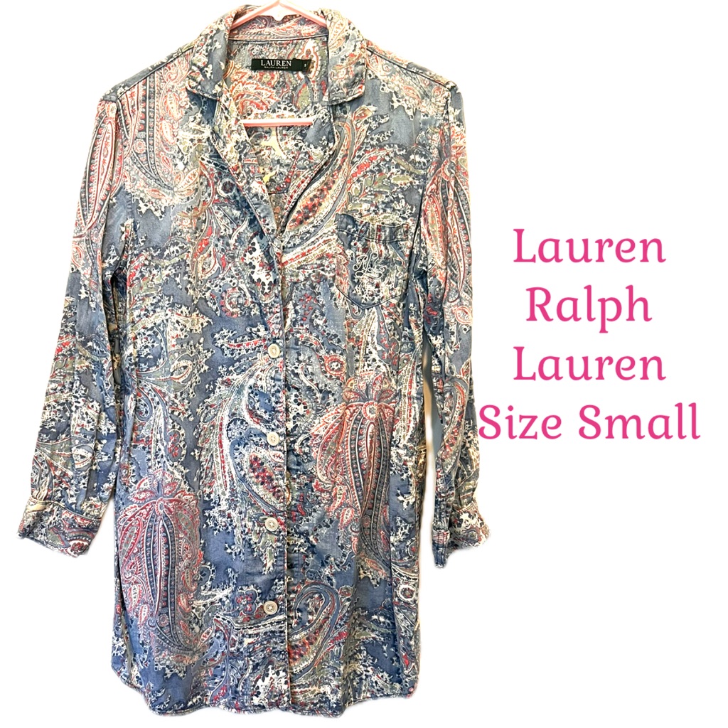 Lauren Ralph Lauren Blue And Pink Paisley Sleep Shirt Small Cotton Blend